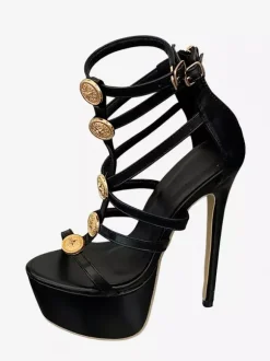 Sandales noires sexy à plateforme bout ouvert détails métalliques talons hauts et brides