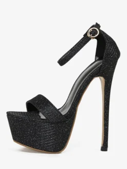 Sandales Sexy Chaussures Femmes En Cuir Pu Noir Bout Rond Chaussures Sexy Hautes