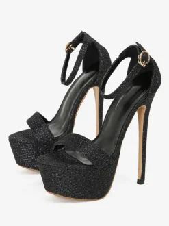 Sandales Sexy Chaussures Femmes En Cuir Pu Noir Bout Rond Chaussures Sexy Hautes