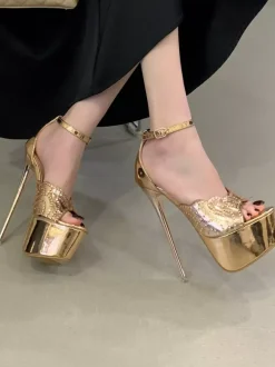 Sandales sexy dorées pour femmes à plateforme bout ouvert et bride cheville