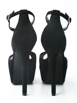 Sandales sexy noires en daim à bout ouvert et bride à la cheville pour femmes