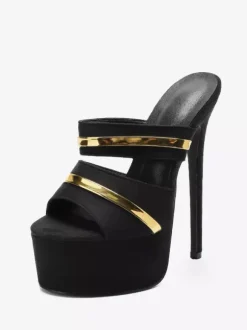 Sandales sexy pour femmes plateforme en micro-daim noir bout ouvert pantoufles sexy