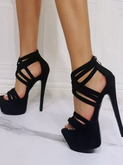 Sandales sexy pour femmes noires en micro daim à bout ouvert et talons aiguilles