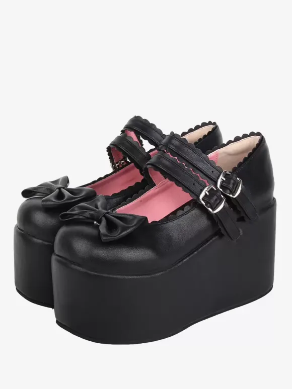 Sandales Sweet Lolita avec n艙uds noirs et bout rond en cuir PU chaussures d'été Lolita