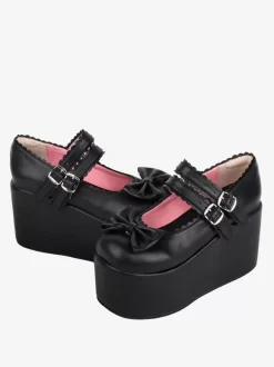 Sandales Sweet Lolita avec n艙uds noirs et bout rond en cuir PU chaussures d'été Lolita