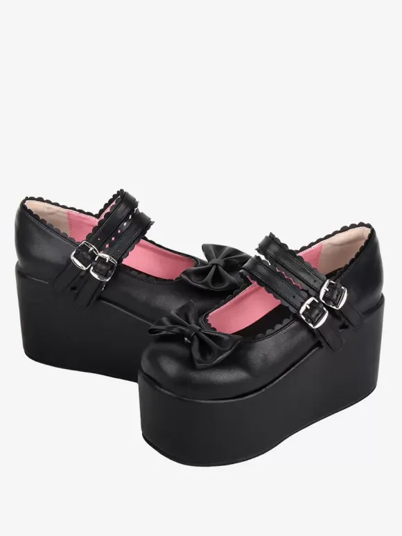 Sandales Sweet Lolita avec n艙uds noirs et bout rond en cuir PU chaussures d'été Lolita
