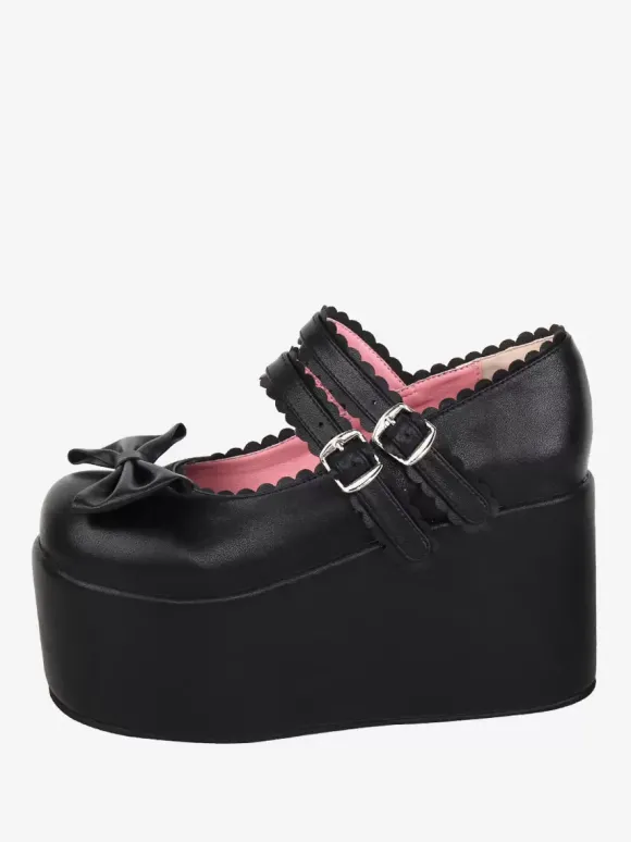 Sandales Sweet Lolita avec n艙uds noirs et bout rond en cuir PU chaussures d'été Lolita