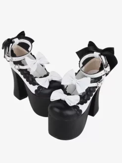 Sandales Sweet Lolita avec n艙uds à bout rond en cuir PU chaussures d'été noires Lolita