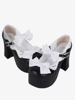 Sandales Sweet Lolita avec n艙uds à bout rond en cuir PU chaussures d'été noires Lolita