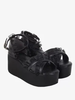 Sandales Sweet Lolita en dentelle et bout ouvert en cuir PU chaussures d'été noires Lolita