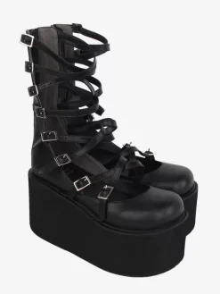 Sandales Sweet Lolita noires à lacets en cuir PU chaussures d'été Lolita à bout rond