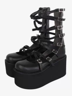 Sandales Sweet Lolita noires à lacets en cuir PU chaussures d'été Lolita à bout rond