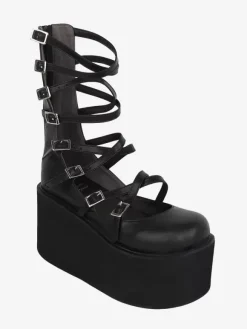 Sandales Sweet Lolita noires à lacets en cuir PU chaussures d'été Lolita à bout rond