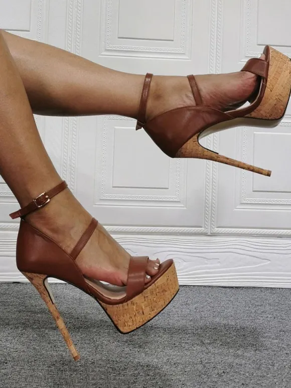 Sandales Talons Hautes Sexy avec Plateforme Femmes à Lacets à Cuir Synthétique Bicolores avec Bout Ouvert avec Boucles Etés Talons Hautes Aiguilles