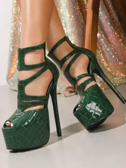 Sandales vertes sexy à plateforme bout ouvert motif pierre talons hauts
