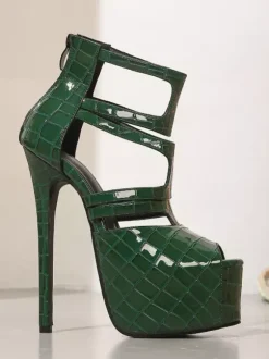 Sandales vertes sexy à plateforme bout ouvert motif pierre talons hauts