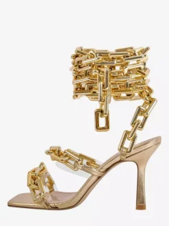 Sandales argentées à talons hauts bout ouvert détail chaîne chaussures de soirée à brides