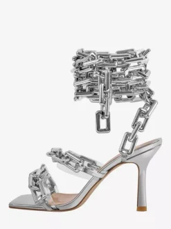 Sandales argentées à talons hauts bout ouvert détail chaîne chaussures de soirée à brides