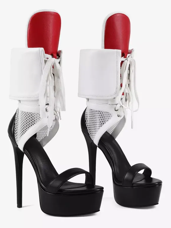 Sandales blanches à talons hauts pour femmes plateforme bout ouvert découpes lacets