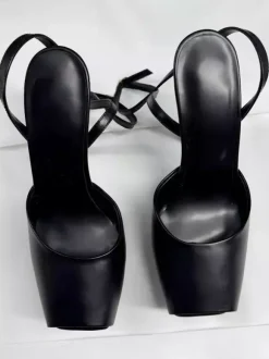 Sandales compensées noires pour femmes bout ouvert bride cheville chaussures de soirée