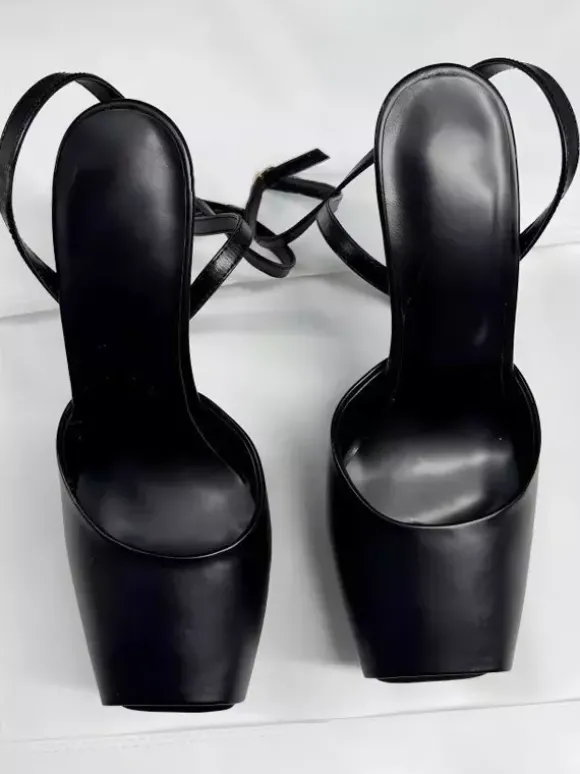 Sandales compensées noires pour femmes bout ouvert bride cheville chaussures de soirée