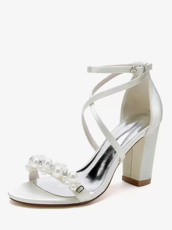 Sandales De Mariée En Satin Blanc Chic Bout Ouvert Perle Femme