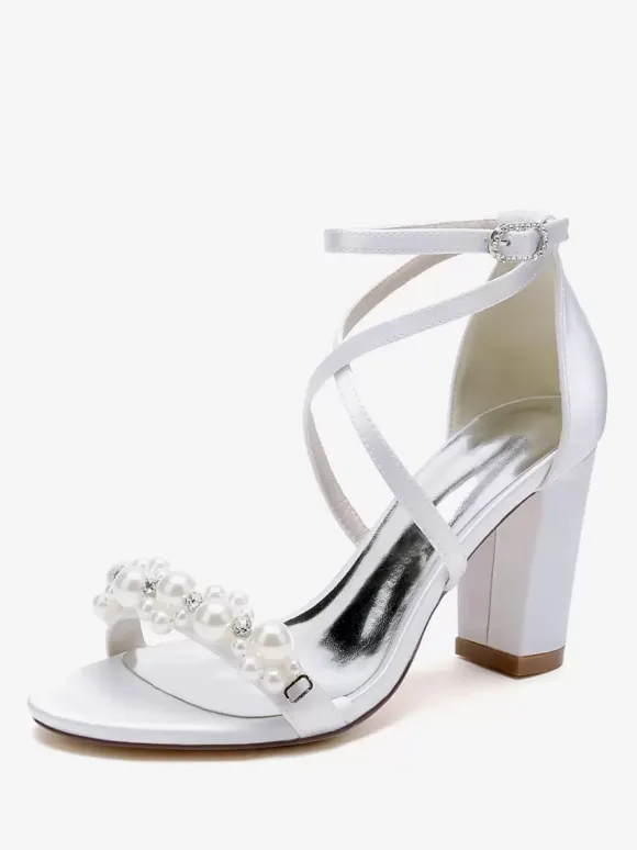Sandales De Mariée En Satin Blanc Chic Bout Ouvert Perle Femme
