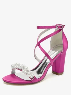 Sandales De Mariée En Satin Blanc Chic Bout Ouvert Perle Femme