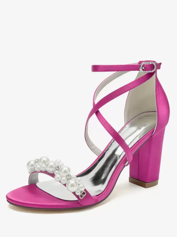 Sandales De Mariée En Satin Blanc Chic Bout Ouvert Perle Femme