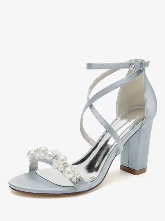 Sandales De Mariée En Satin Blanc Chic Bout Ouvert Perle Femme