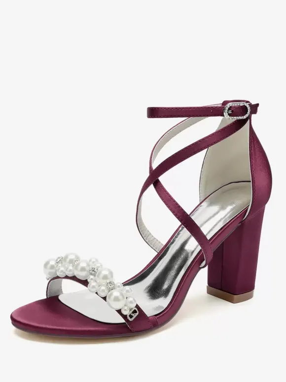 Sandales De Mariée En Satin Blanc Chic Bout Ouvert Perle Femme
