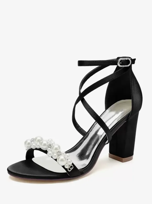 Sandales De Mariée En Satin Blanc Chic Bout Ouvert Perle Femme