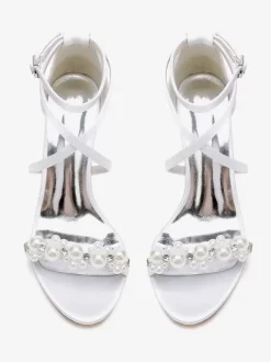 Sandales De Mariée En Satin Blanc Chic Bout Ouvert Perle Femme