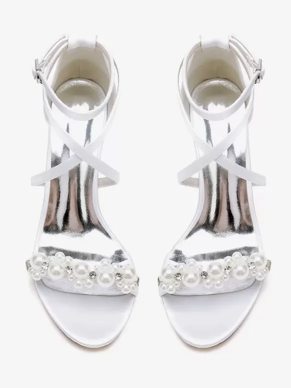 Sandales De Mariée En Satin Blanc Chic Bout Ouvert Perle Femme