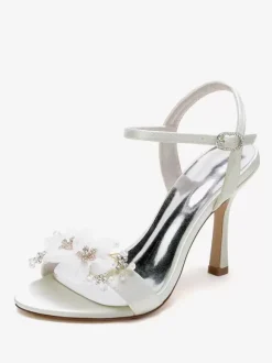 Sandales De Mariée En Satin Blanc Bout Ouvert Fleur Chaussures De Mariage