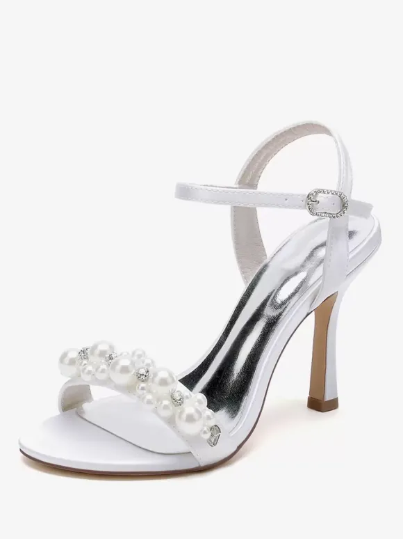 Sandales de mariée en satin ivoire chic à bout ouvert avec strass