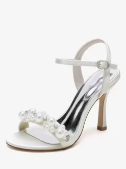Sandales de mariée en satin ivoire chic à bout ouvert avec strass