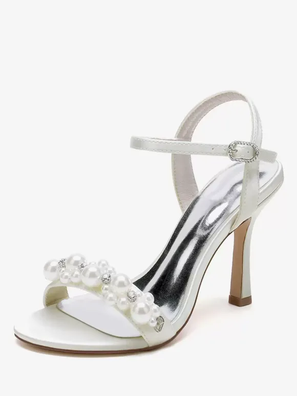 Sandales de mariée en satin ivoire chic à bout ouvert avec strass
