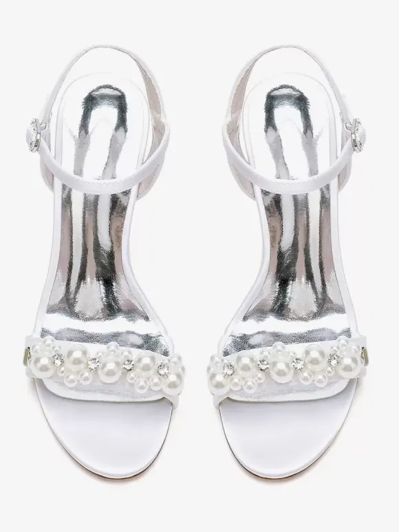 Sandales de mariée en satin ivoire chic à bout ouvert avec strass
