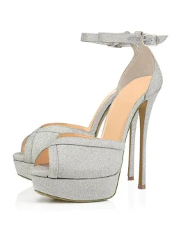 Sandales de Soirée à Talons Hauts avec Bout Ouvert Femme à Lacets Unicolore