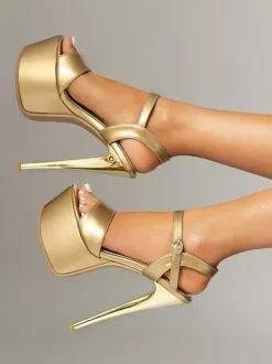 Sandales dorées sexy à plateforme bout ouvert et talons hauts