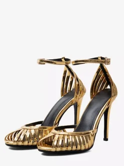 Sandales dorées à talons hauts bout ouvert style escarpin chaussures de soirée