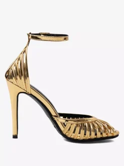 Sandales dorées à talons hauts bout ouvert style escarpin chaussures de soirée