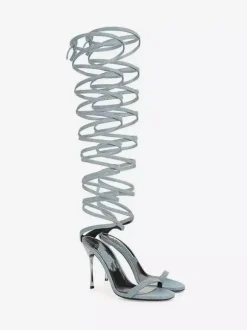Sandales gladiateur noires pour femmes bout ouvert talons ornés de strass lacets chaussures de soirée