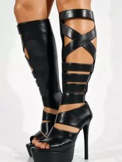 Sandales gladiateur noires à plateforme pour femmes bout ouvert et découpes