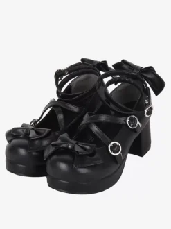 Sandales gothiques Lolita avec n艙uds à bout rond en cuir PU chaussures d'été noires Lolita