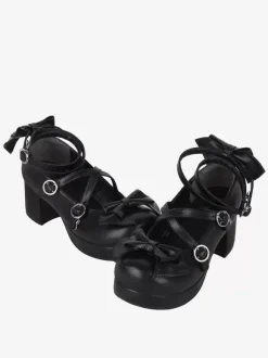 Sandales gothiques Lolita avec n艙uds à bout rond en cuir PU chaussures d'été noires Lolita