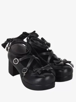 Sandales gothiques Lolita avec n艙uds à bout rond en cuir PU chaussures d'été noires Lolita