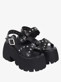 Sandales gothiques Lolita avec détails métalliques bout ouvert cuir PU métallique chaussures d'été noires Lolita