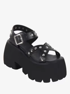 Sandales gothiques Lolita avec détails métalliques bout ouvert cuir PU métallique chaussures d'été noires Lolita